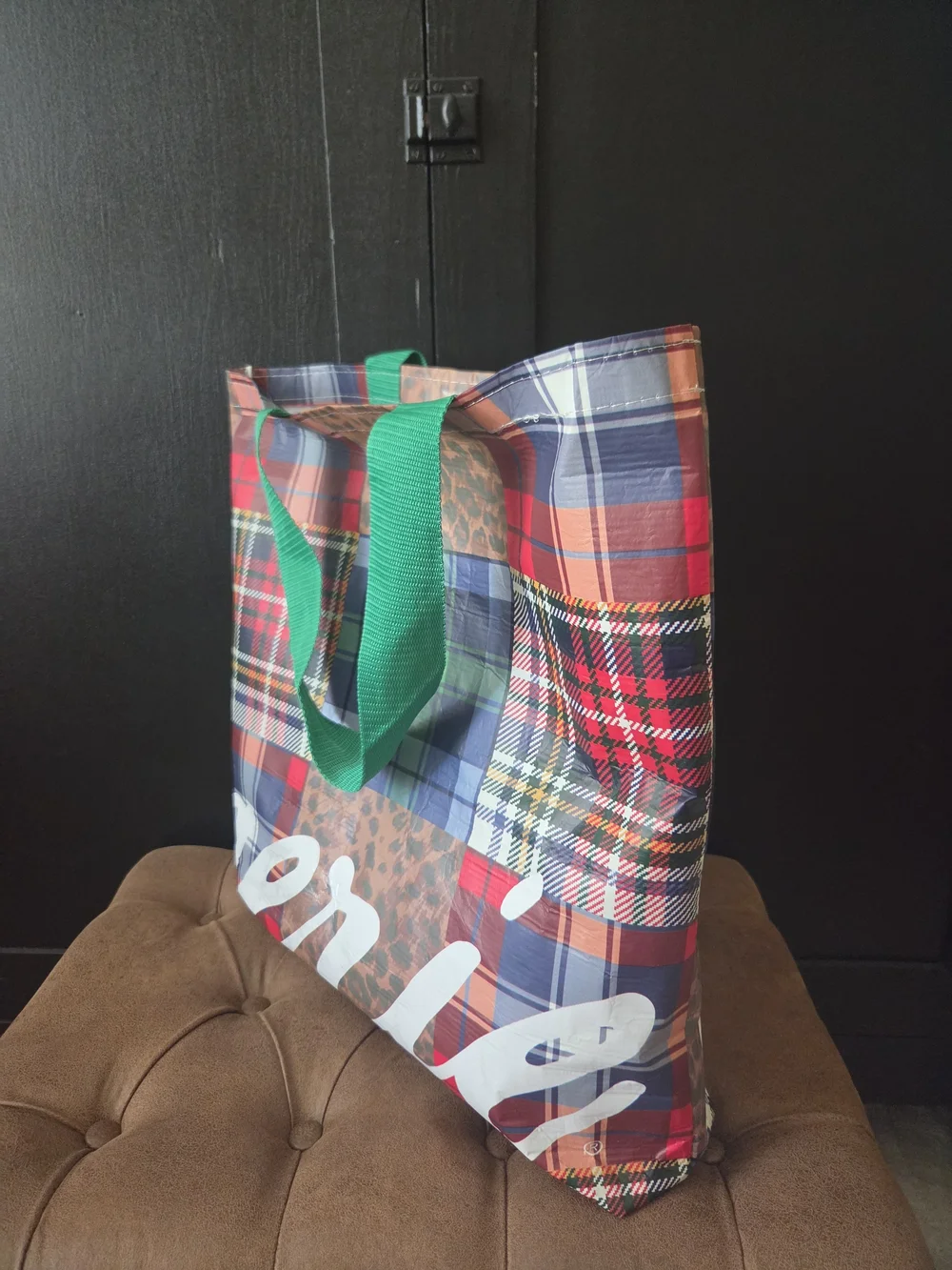 Aerie Patchwork Plaid Reusable Tote with Green Handles ~ Large